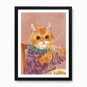 Brown White Cat Eating Pasta Folk Illustration 4 Art Print