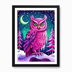 Pink Owl Snowy Landscape Painting (9) Art Print