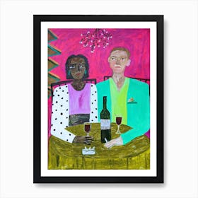 A couple of people at a table in a cafe drinking wine Art Print