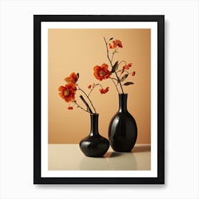 Two Black Vases With Orange Flowers Art Print