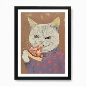 Cute Grey Cat Eating A Pizza Slice Folk Illustration 4 Art Print