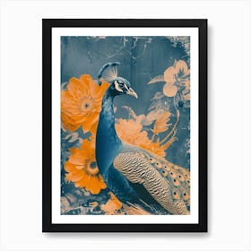 Floral Orange & Blue Peacock 1 Art Print