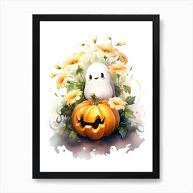 Cute Ghost With Pumpkins Halloween Watercolour 129 Art Print
