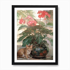 Poinsettia With A Cat 3 Art Nouveau Style Art Print