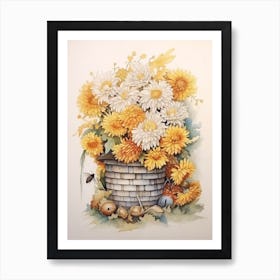 Beehive With Chrysanthemums Watercolour Illustration 3 Póster