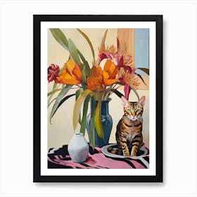 Cymbidium Orchid Flower Vase And A Cat, A Painting In The Style Of Matisse 1 Art Print