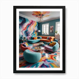 A Dream-Like Lounge of Vibrant Chaos Colorful Living Room Art Print