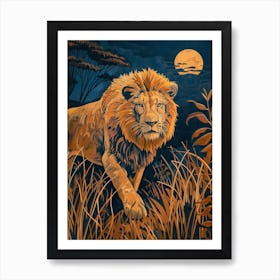 African Lion Relief Illustration Night Hunt 1 Art Print