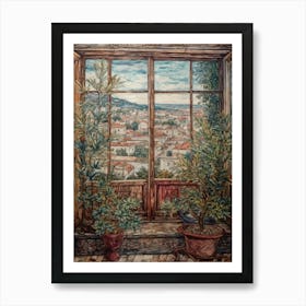 Window View Of Athens Greece In The Style Of William Morris 2 Art Print