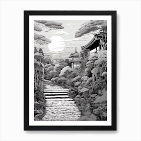 Ise Grand Shrine In Mie, Ukiyo E Black And White Line Art Drawing 3 Art Print