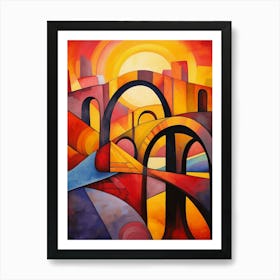 Bridges at Sunset III, Colorful Abstract Painting in Picasso Cubism Style Art Print