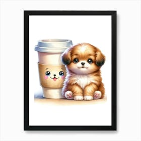 Cute Puppy With Coffee Cup Art Print