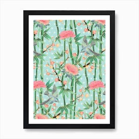 Bamboo Birds And Blossoms On Mint Green Art Print