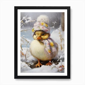 Snowy Duckling With Hat & Scarf Detailed Painting 2 Art Print