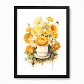 Beehive With Ranunculus Watercolour Illustration 4 Art Print