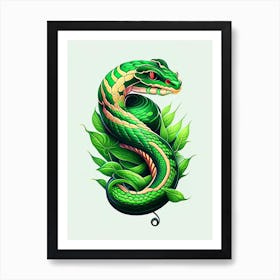 Green Bush Viper Snake Tattoo Style Art Print