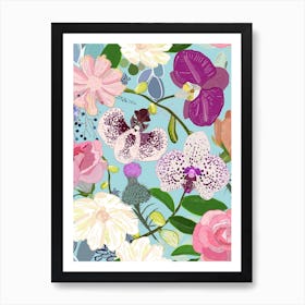 Orchid, Succulent And Roses Colorful Pattern Art Print