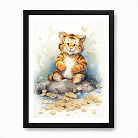 Tiger Illustration Collecting Coins Watercolour 3 Art Print