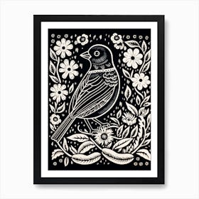 B&W Bird Linocut Cowbird 1 Art Print