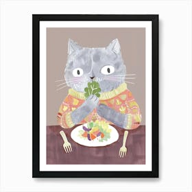 Cute Cat Eating Salad Folk Illustration 4 Art Print