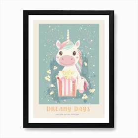 Cute Pastel Unicorn Eating Popcorn Blue Background 3 Poster Art Print