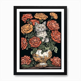 Drawing Of A Still Life Of Carnation With A Cat 2 Art Print