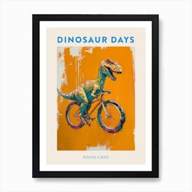Riding A Bike Orange Blue Dinosaur Poster Art Print