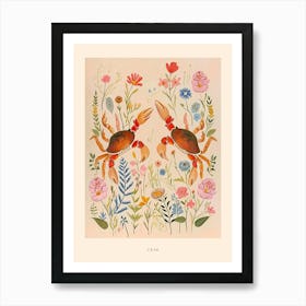 Folksy Floral Animal Drawing Crab Poster Art Print