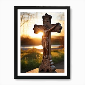 An Intricately Carved Wooden Cross Representing Faith Its Silhouette Beautifully Etched Against Thi (4) Art Print