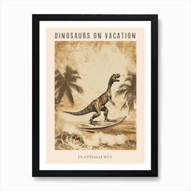 Vintage Plateosaurus Dinosaur On A Surf Board 3 Poster Art Print