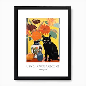 Cats & Flowers Collection Marigold Flower Vase And A Cat, A Painting In The Style Of Matisse 0 Art Print