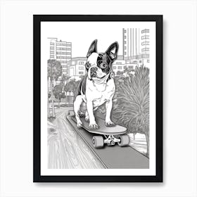 Boston Terrier Dog Skateboarding Line Art 4 Art Print