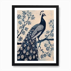 Navy & Cream Peacock On A Tree 3 Art Print