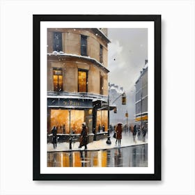 Paris cafes, winter season, Christmas, autumn oil colors, pale colors, pedestrians in the street, winter clothes, falling snow.Christmas decorations.12 Art Print