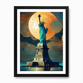Statue of Liberty ~ Iconic New York Full Moon Stargate Art Wall Decor Futuristic Sci-Fi Trippy Surrealism Modern Digital Mandala Awakening Fractals Spiritual Artwork Psychedelic Colorful Cubic Abstract Universe Art Print