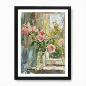 Peony Flowers On A Cottage Window 1 Art Print