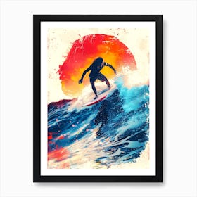 Surfing Waves - Surfer At Sunset Art Print