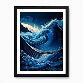 Rushing Water In Deep Blue Sea Water Waterscape Retro Illustration 3 Art Print