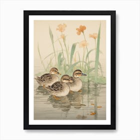 Ducklings Japanese Woodblock Style 4 Art Print