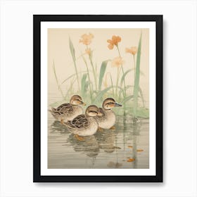 Ducklings Japanese Woodblock Style 4 Póster