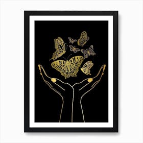 Gold Butterfly In Hands Vector Illustration Art Print