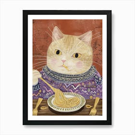 Cute Tan Cat Pasta Lover Folk Illustration 4 Art Print