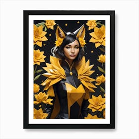 Low Poly Floral Fox Girl, Black And Yellow (15) Art Print