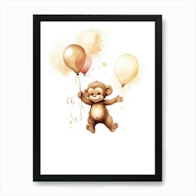 Baby Monkey Flying With Ballons, Watercolour Nursery Art 1 Art Print