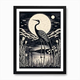B&W Bird Linocut Crane 1 Art Print