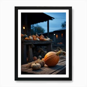 A Gourd Carefully Resting On A Weathered Wooden Table Settingfootprint In The Cement Market Under (4) Art Print