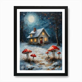 Cottagecore Toadstools and Fairy House in A Winter Forest - Acrylic Paint Mushrooms Art With Falling Snow at Night Scene on a Full Moon, Perfect for Witchcore Cottage Core Pagan Tarot Celestial Zodiac Gallery Feature Wall Christmas Yule Beautiful Woodland Creatures Series HD Art Print