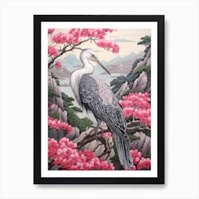 Pink Blossoms And Crane 3 Vintage Japanese Botanical Art Print