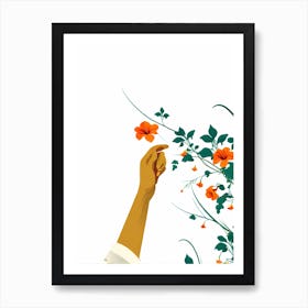 Hand Picking Orange Flowers, pinching flowers, flower portrait, hand and flowers, orange flowers, flowers and vines, digital art, Art Print