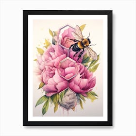 Beehive With Peony Watercolour Illustration 1 Art Print